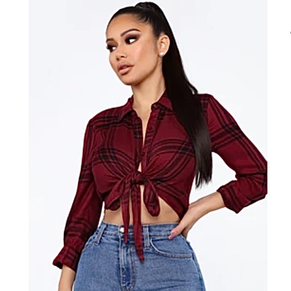 Fashion Nova Burgundy Plaid Button-Down Shirt